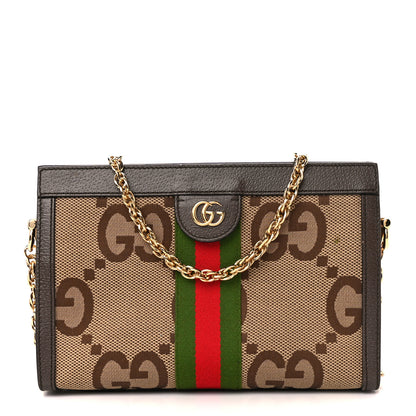 Gucci Monogram Jumbo GG Textured Dollar Calfskin Web Small Ophidia Chain Shoulder Bag Camel Ebony New Acero 1 of 13