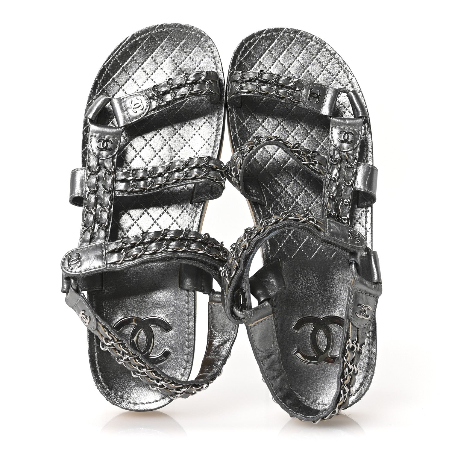 Chanel Metallic Laminated Goatskin Chain Flat Sandals 39 Dark Silver 2 of 8