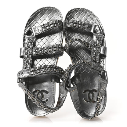 Chanel Metallic Laminated Goatskin Chain Flat Sandals 39 Dark Silver 2 of 8
