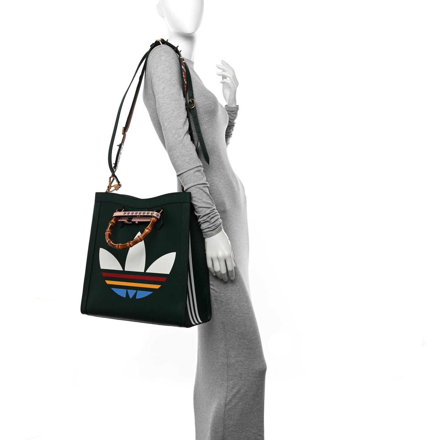 X Adidas Textured Dollar Calfskin Stripe Studded Large Diana Tote Bag Green Multicolor
