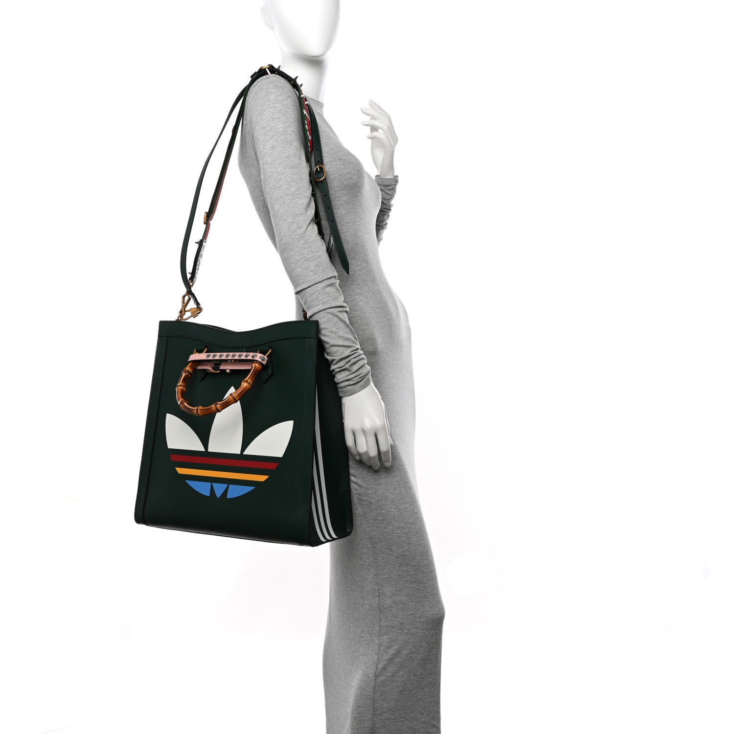 Gucci X Adidas Textured Dollar Calfskin Stripe Studded Large Diana Tote Bag Green Multicolor 2 of 10