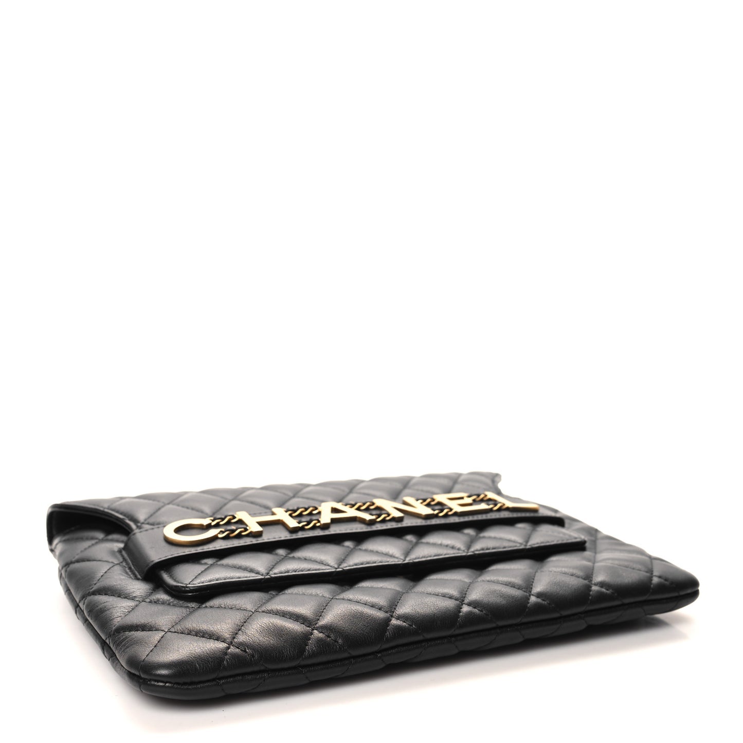Calfskin Quilted Front Logo Enchained Clutch Black