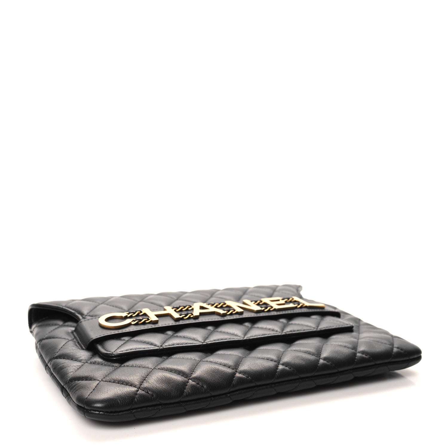 Chanel Calfskin Quilted Front Logo Enchained Clutch Black 4 of 11