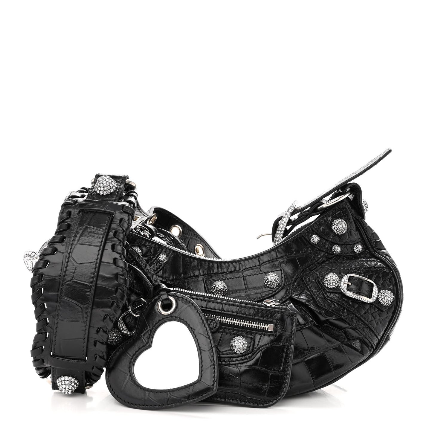 Extra Supple Calfskin Crystal Crocodile Embossed Le Cagole Shoulder Bag XS Black
