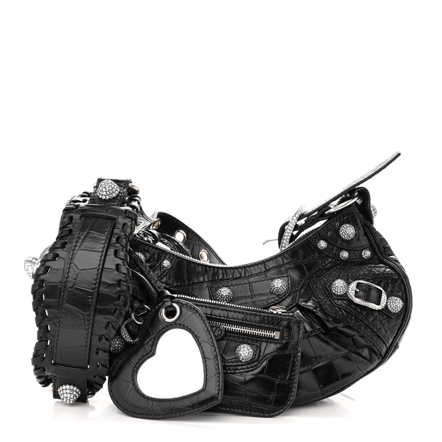 Balenciaga Extra Supple Calfskin Crystal Crocodile Embossed Le Cagole Shoulder Bag XS Black 1 of 8