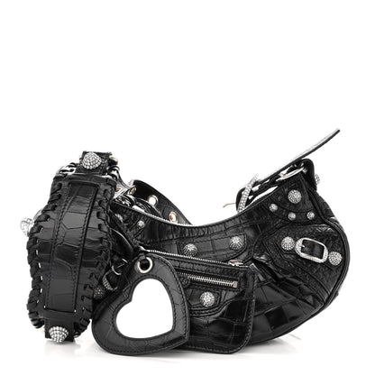 Balenciaga Extra Supple Calfskin Crystal Crocodile Embossed Le Cagole Shoulder Bag XS Black 1 of 8