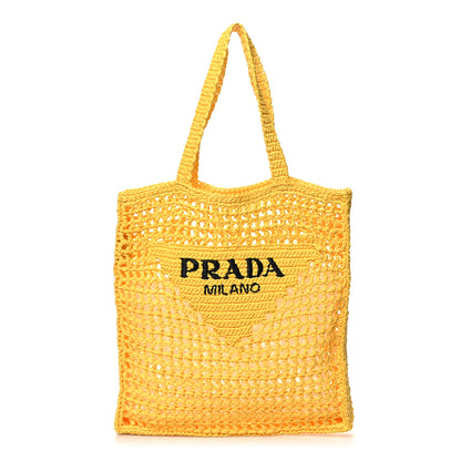 Prada Yarn Raffia Effect Crochet Logo Embroidered Tote Bag Giallo 1 of 9