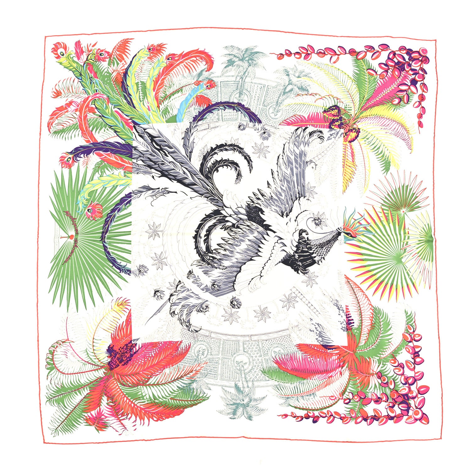 Hermes Silk Mythiques Phoenix Coloriage Scarf 90 Blanc Vert Rouge 1 of 8