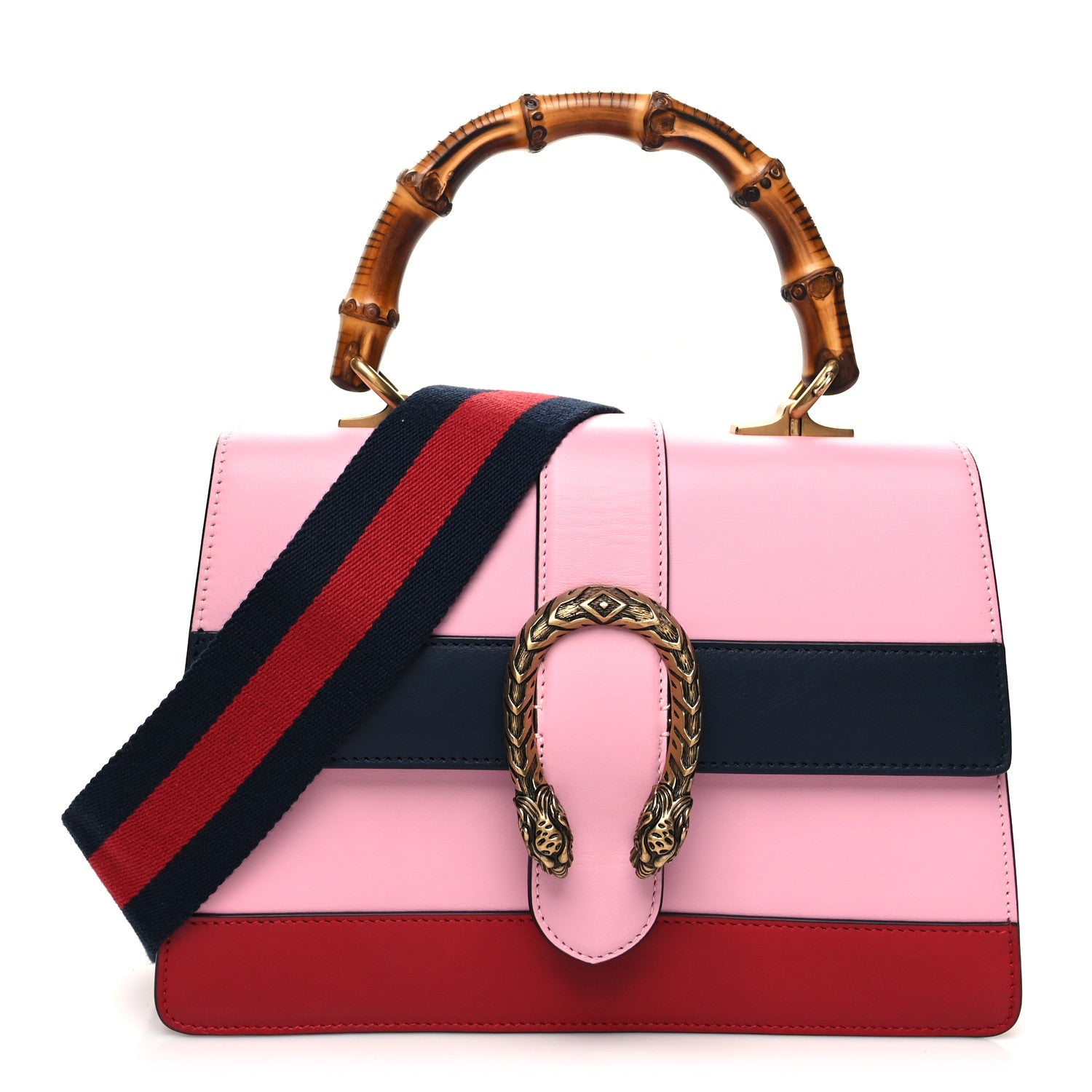 front view image of a GUCCI Calfskin Bamboo Web Medium Dionysus Top Handle Bag in the colors Sugar Pink Blue Agata Hibiscus Red by FASHiONPHILE