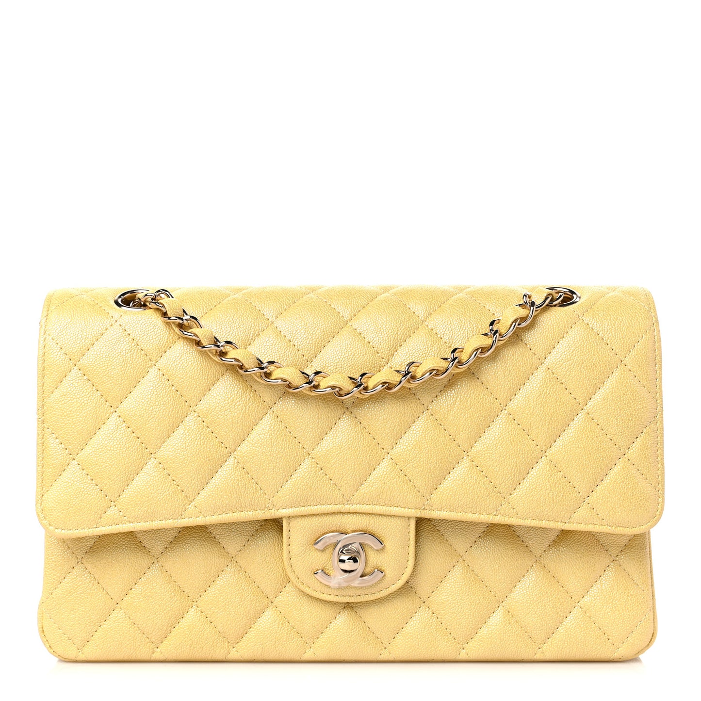 Iridescent Caviar Quilted Medium Double Flap Yellow