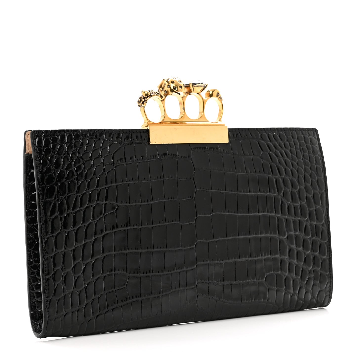 Calfskin Crocodile Embossed Knuckle Flat Clutch Black Gold