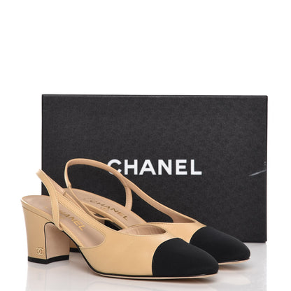 Chanel Goatskin Grosgrain Cap Toe CC Slingback Pumps 40 Beige Black 10 of 14