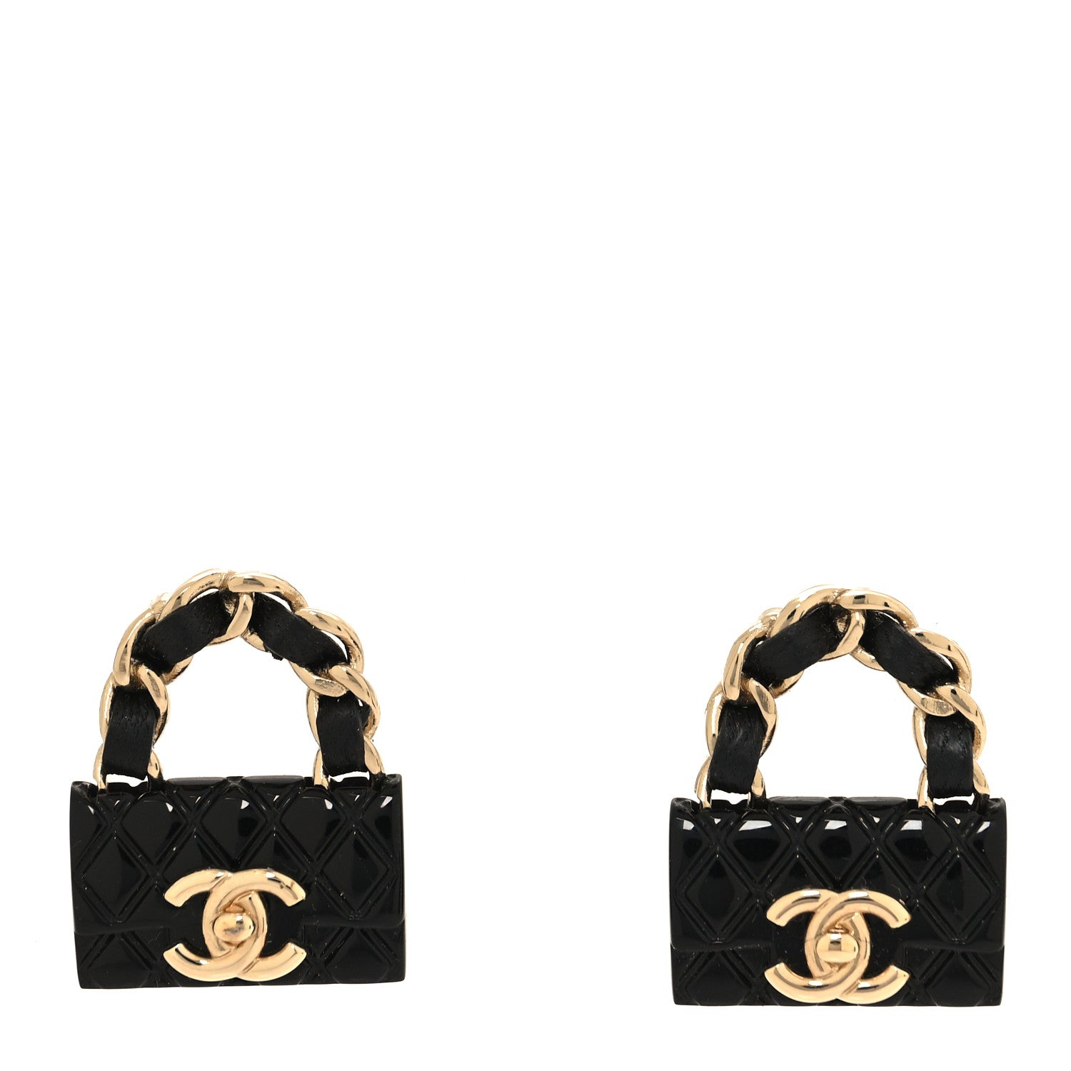 Chanel Metal Resin Lambskin Quilted CC Turnlock Chain Flap Bag Earrings Black Gold 1 of 5
