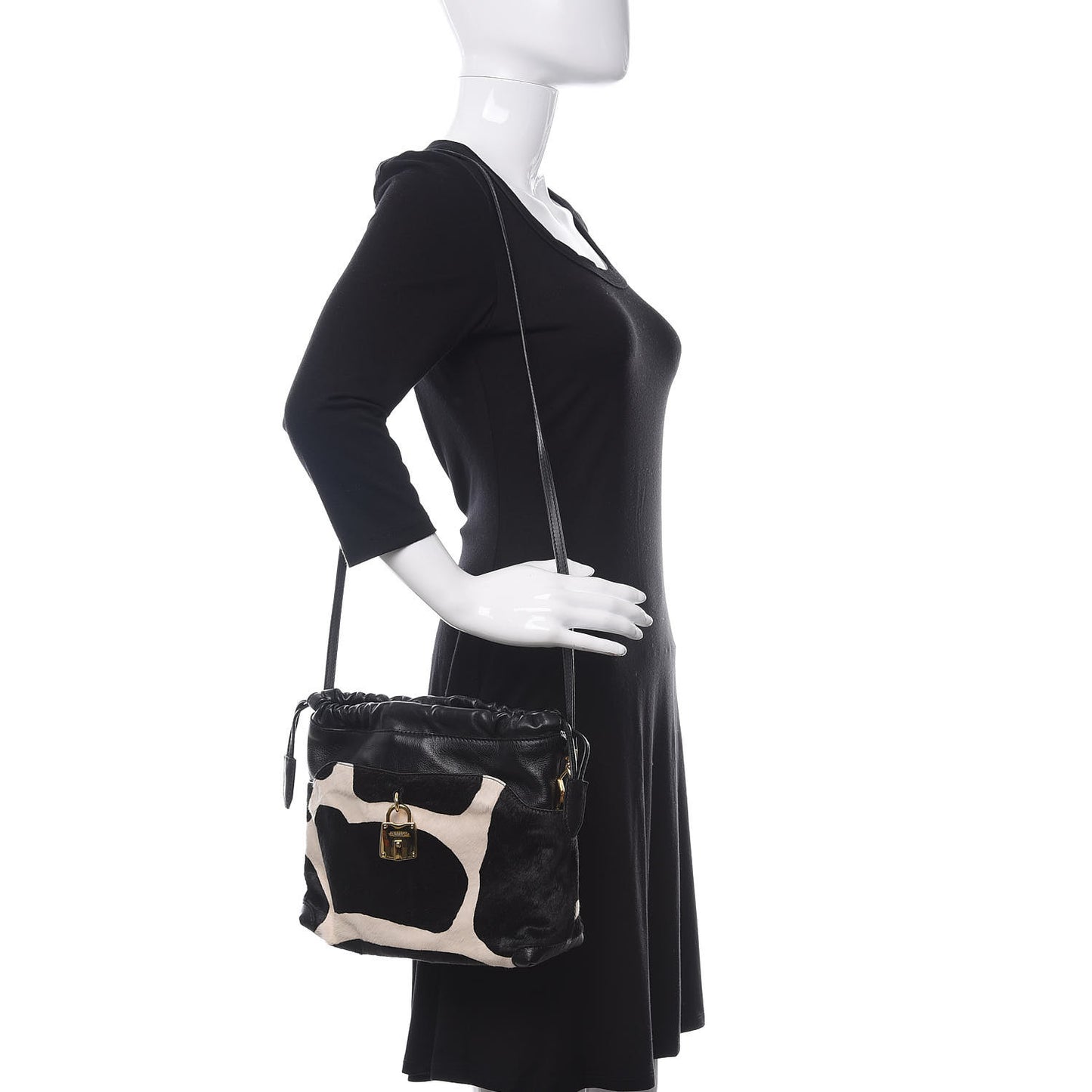 Prorsum Ponyskin Cow Printed Small Drawstring Crossbody Black White
