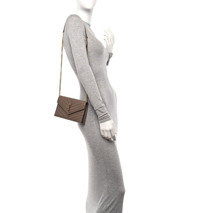 Saint Laurent Grain De Poudre Matelasse Chevron Monogram Envelope Chain Wallet Taupe 2 of 10
