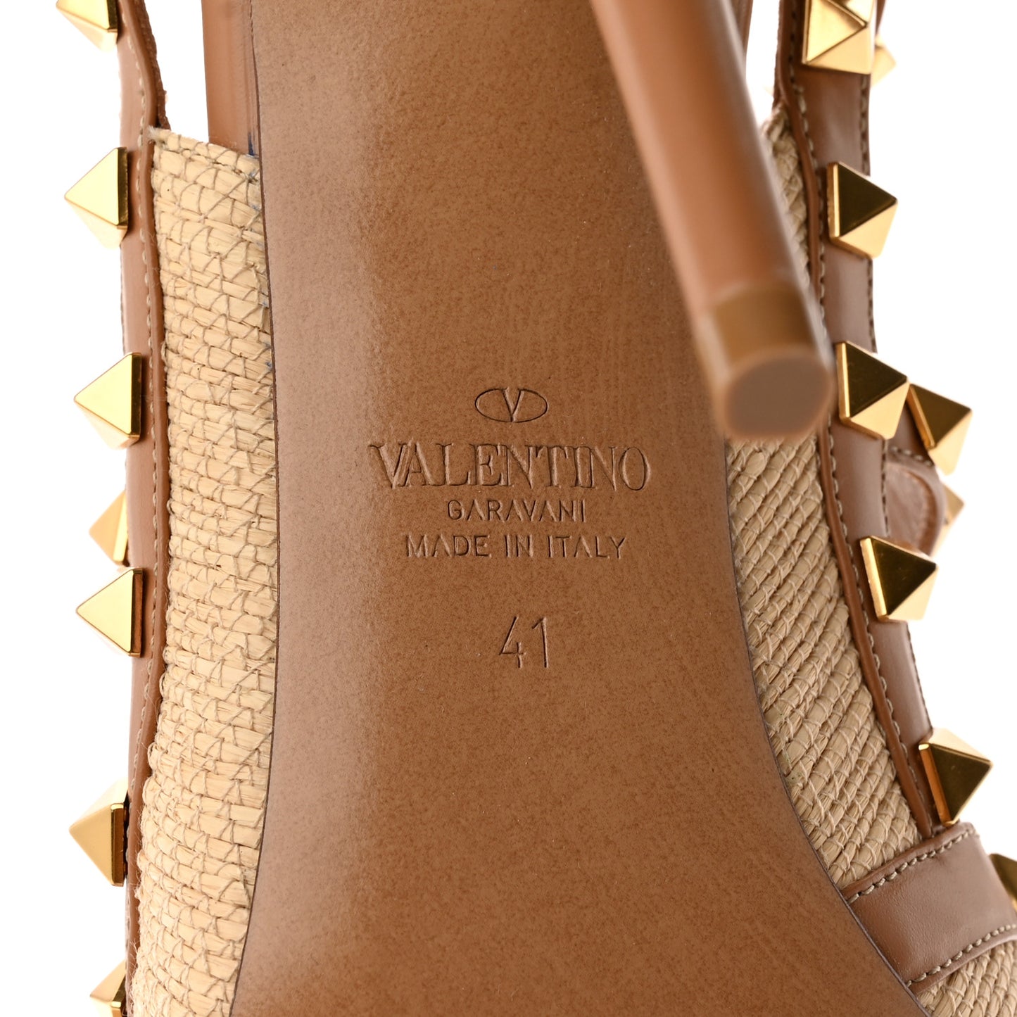 Raffia Calfskin Rockstud Ankle Strap 100mm Pumps 41 Natural Saddle Brown