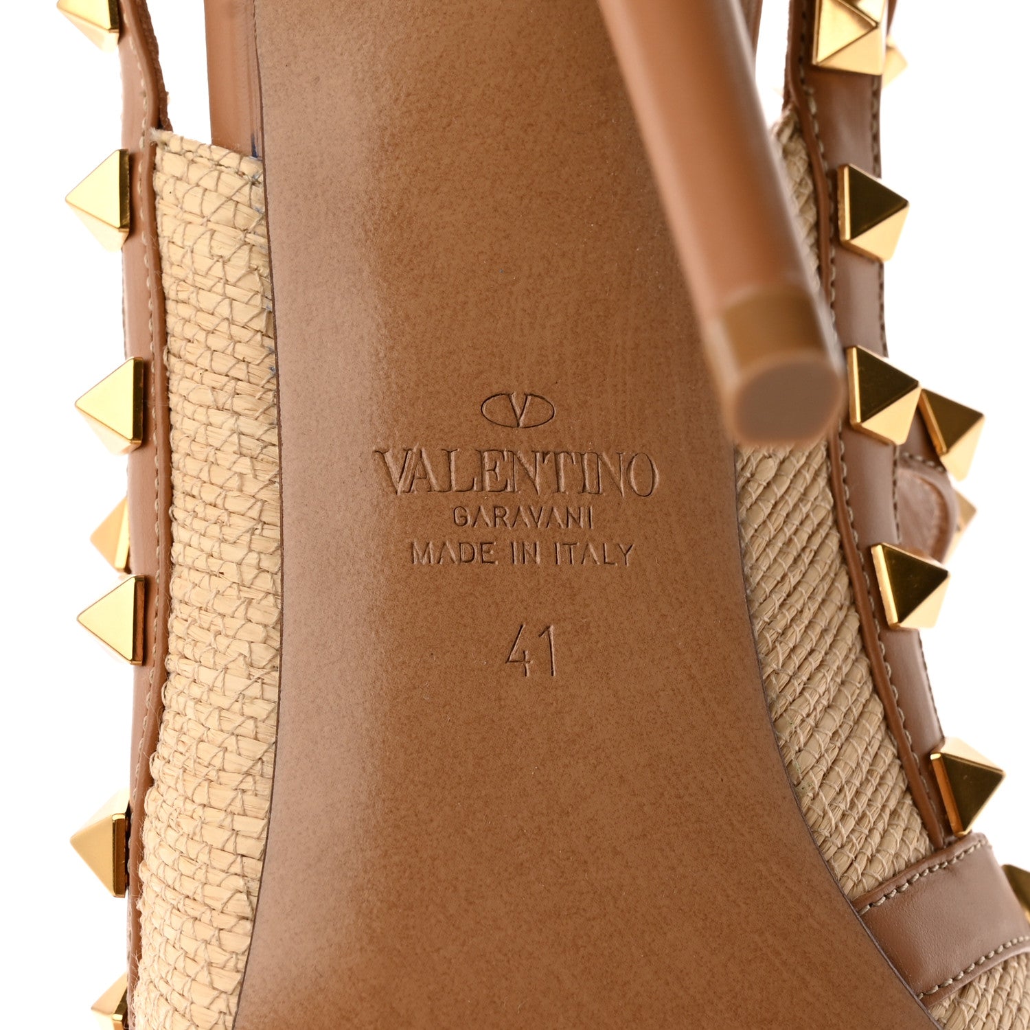 Valentino Garavani Raffia Calfskin Rockstud Ankle Strap 100mm Pumps 41 Natural Saddle Brown 6 of 8