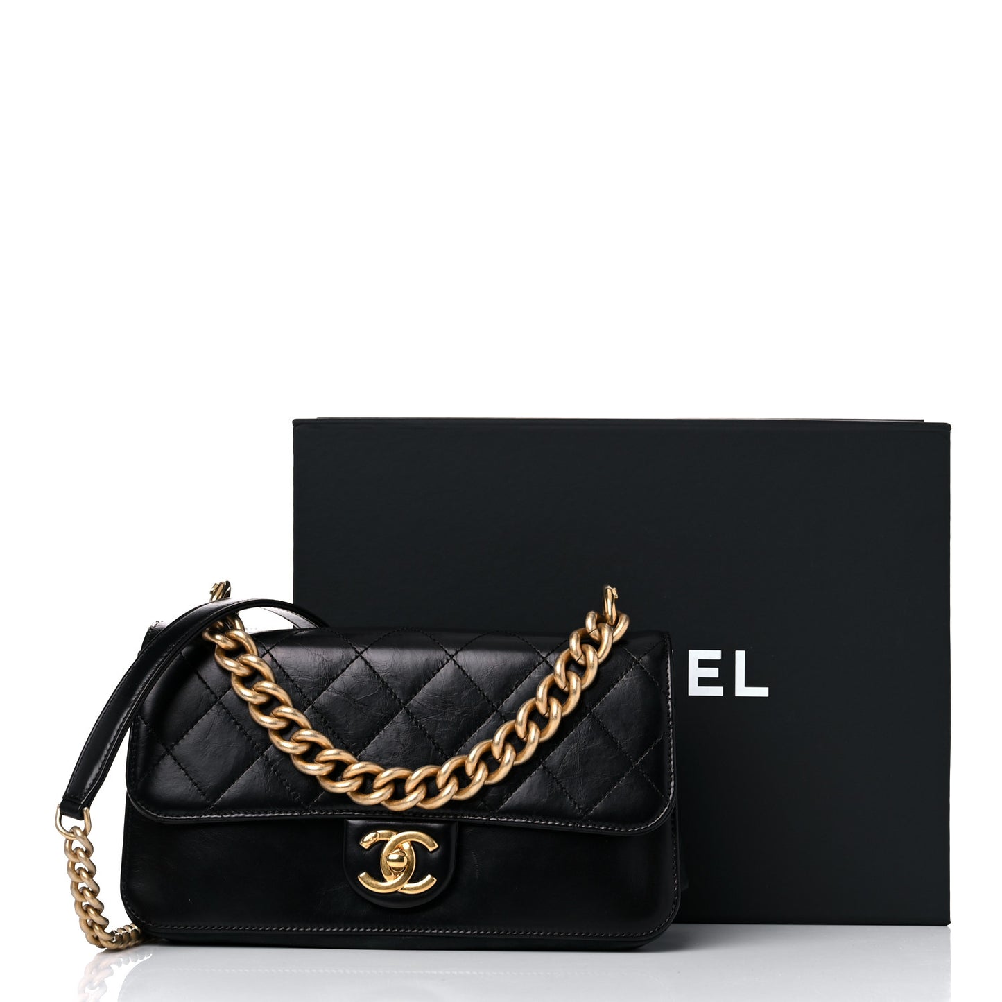 Iridescent Calfskin Quilted Small Straight Lined Flap Black