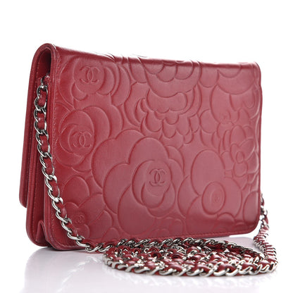 Chanel Lambskin Camellia Embossed Wallet On Chain WOC Dark Red 3 of 14