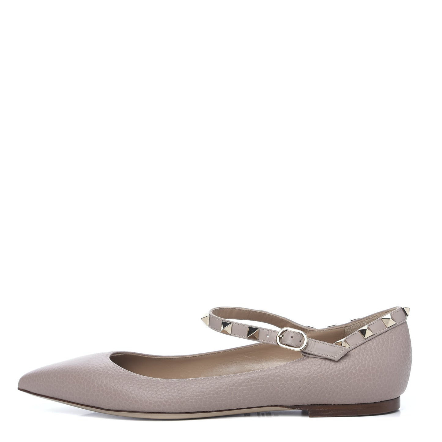 Pebbled Calfskin Rockstud Ankle Strap Ballerina Flats 39.5 Poudre