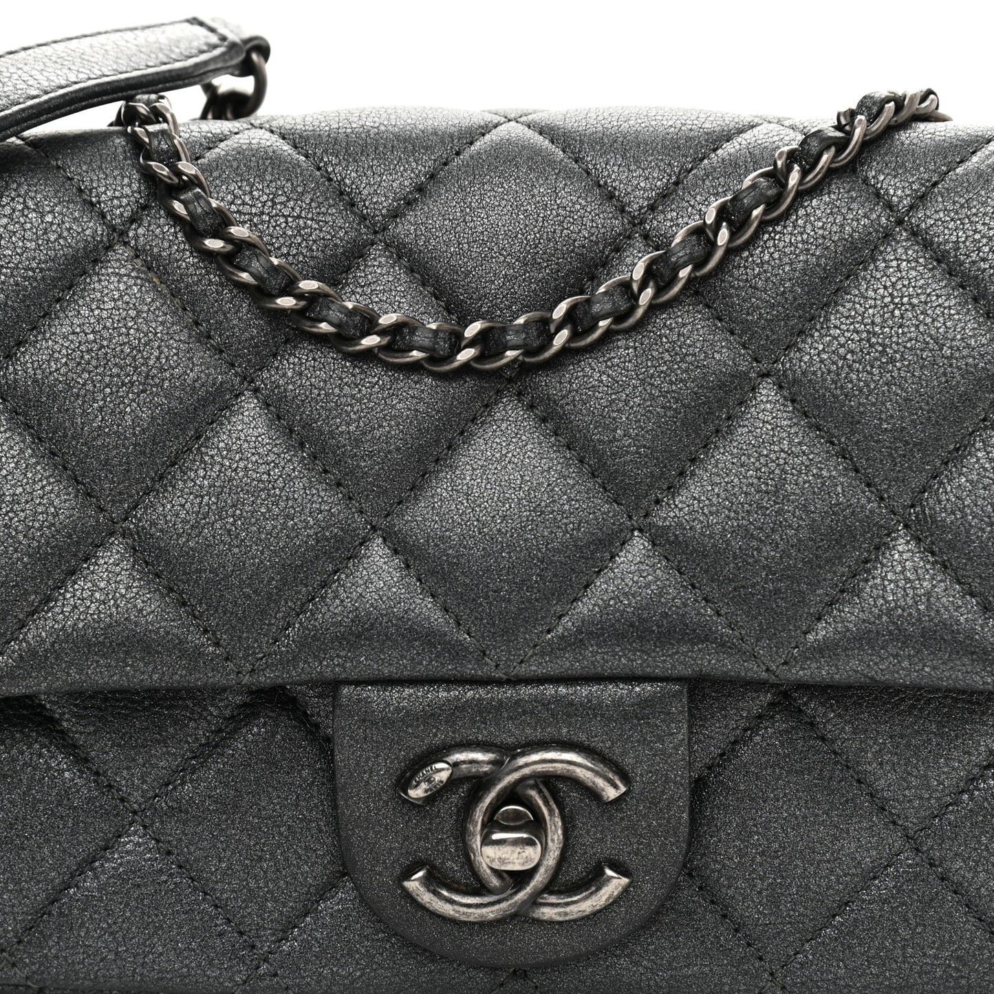 Iridescent Goatskin Quilted Small CC Eyelet Flap Dark Silver