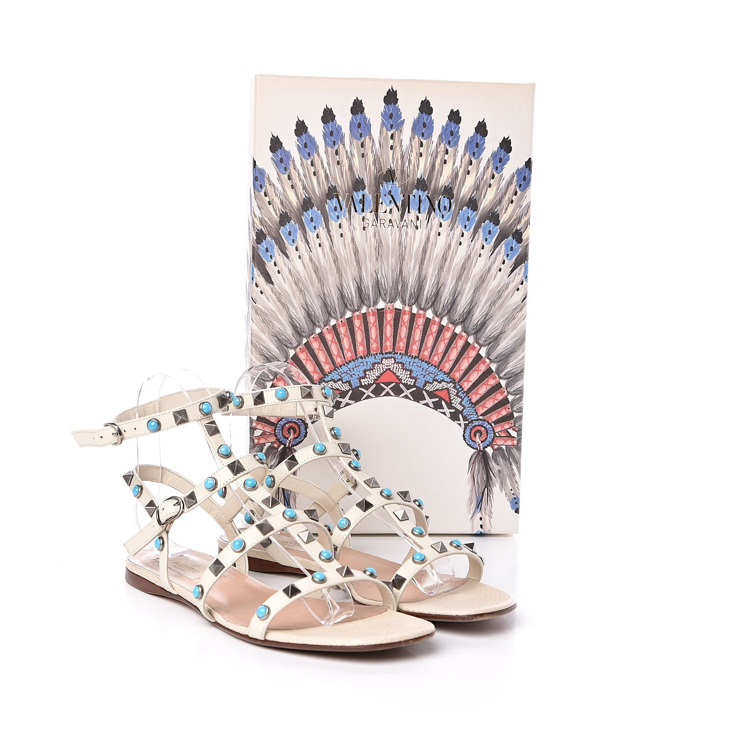 Valentino Garavani Calfskin Turquoise Rockstud Rolling Gladiator Flat Sandals 37 Light Ivory 8 of 8