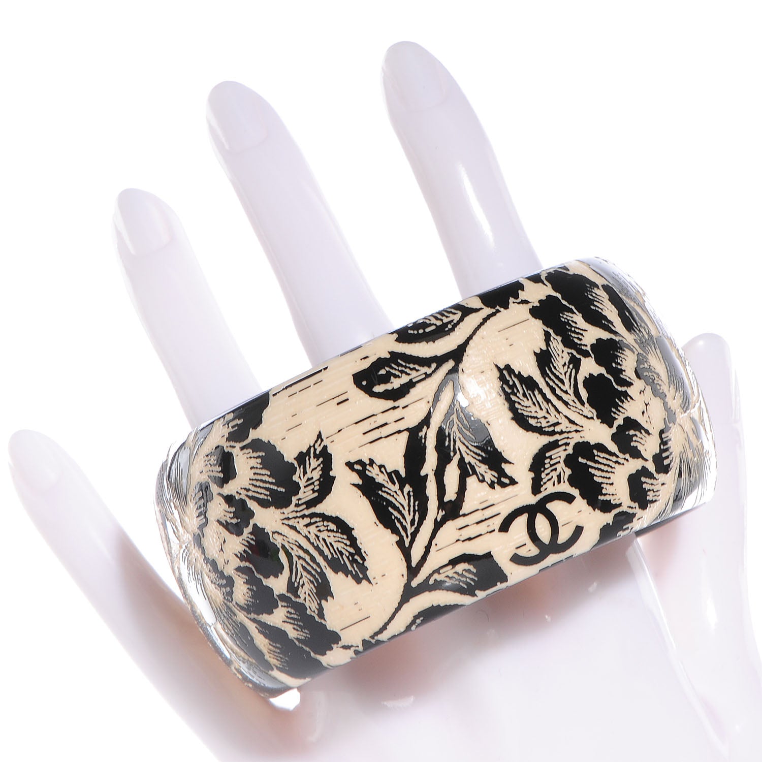 Chanel Resin Laser Etched Floral Bangle Black Cream 2 of 5