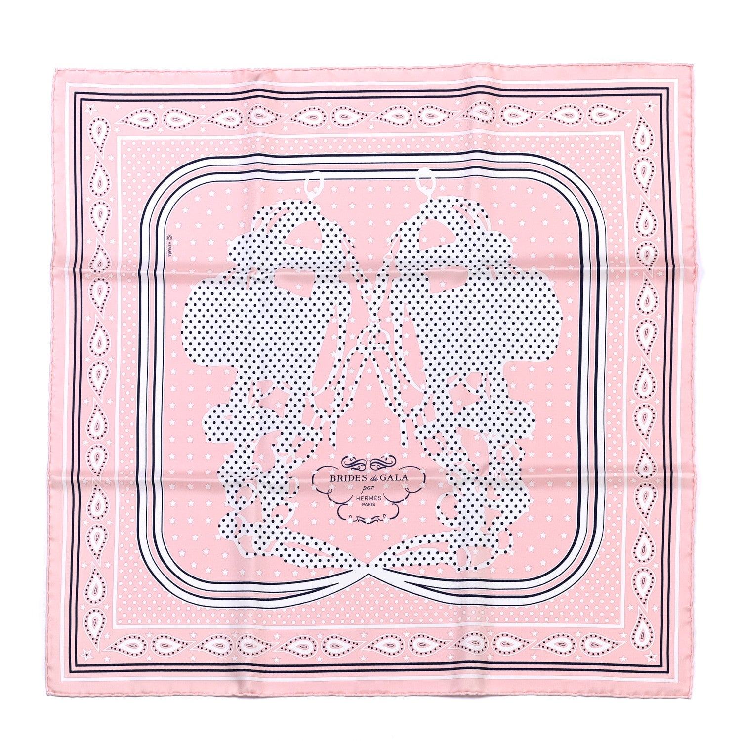 Hermes Silk Brides De Gala A Pois Bandana Pocket Square Rose Pale Black White 1 of 5