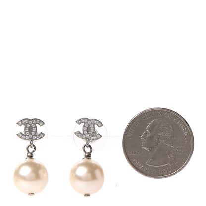 Chanel Crystal Pearl CC Drop Earrings Silver Pearly White 2 of 5