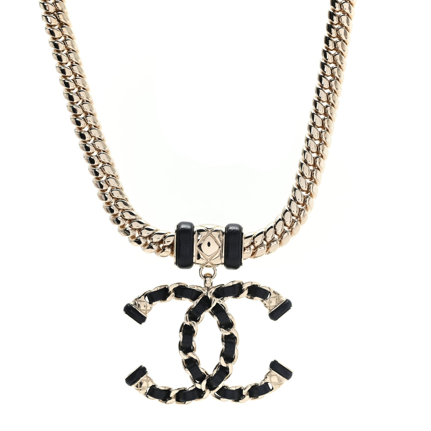 Metal Lambskin CC Chain Necklace Black Gold