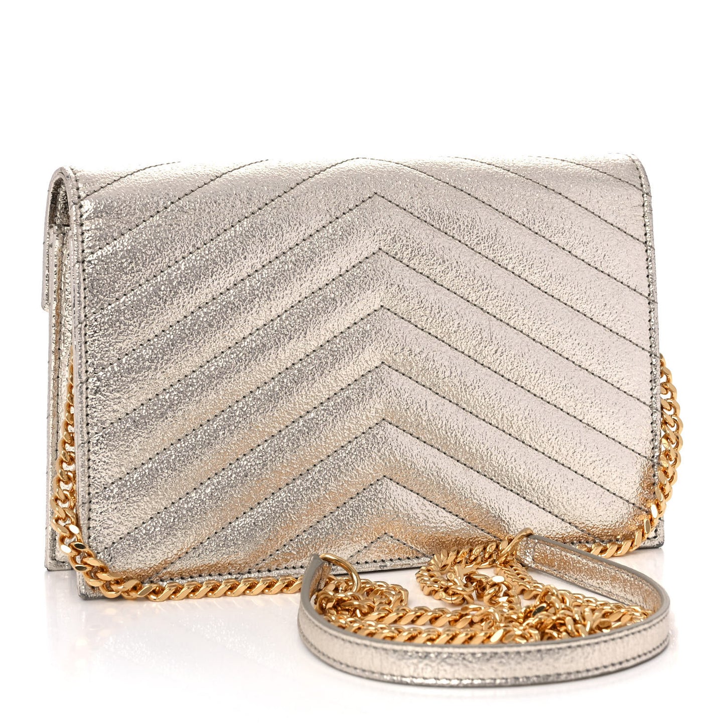 Metallic Crackled Calfskin Matelasse Chevron Monogram Envelope Chain Wallet Gold