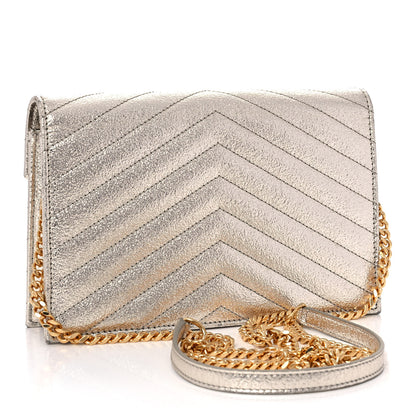 Saint Laurent Metallic Crackled Calfskin Matelasse Chevron Monogram Envelope Chain Wallet Gold 2 of 11