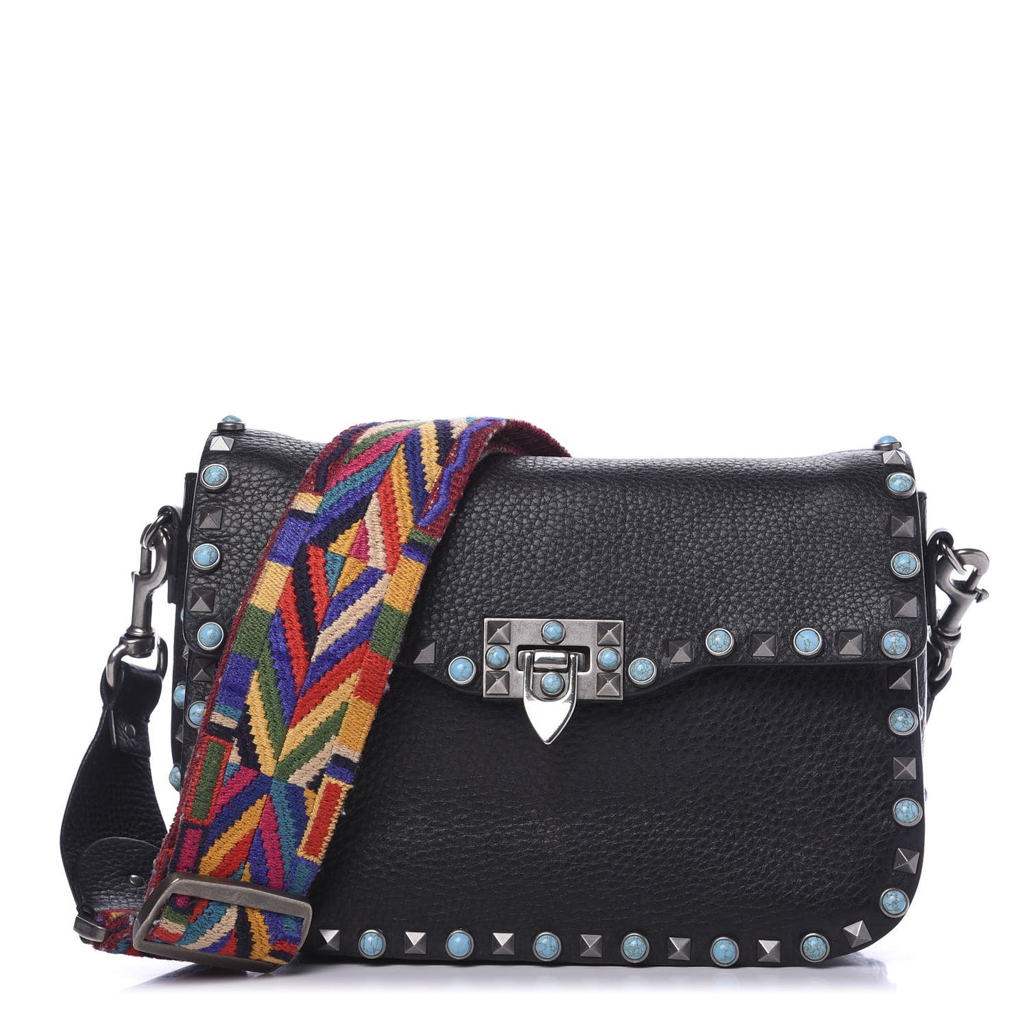 Pebbled Calfskin Turquoise Medium Guitar Strap Rockstud Rolling Flap Saddle Bag Black