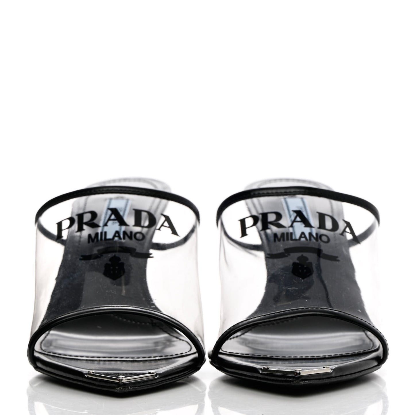 Plexiglass Calfskin Metal Triangle Logo 75mm Slide Sandals 37.5 Black