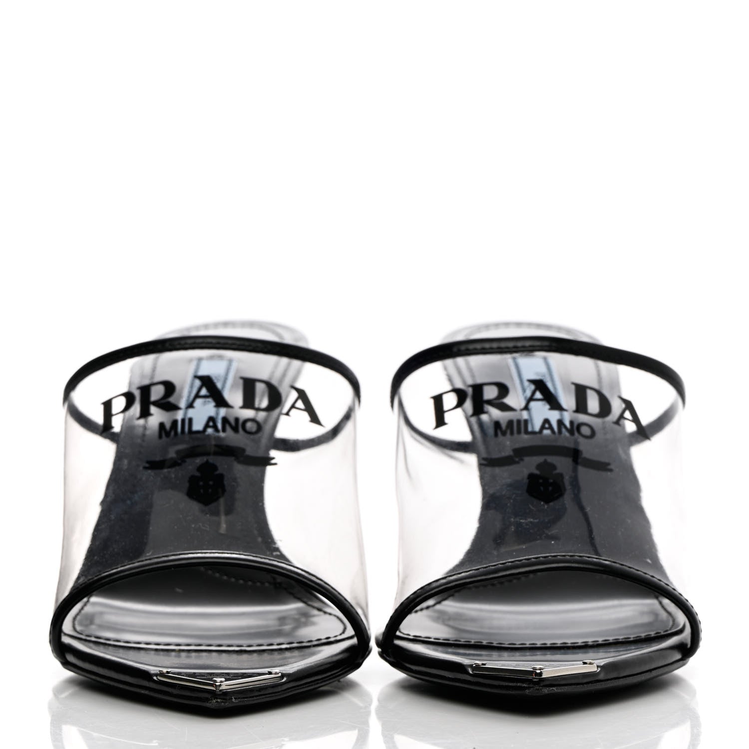 Prada Plexiglass Calfskin Metal Triangle Logo 75mm Slide Sandals 37.5 Black 2 of 12