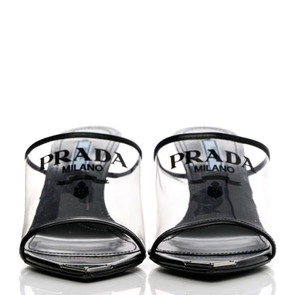 Prada Plexiglass Calfskin Metal Triangle Logo 75mm Slide Sandals 37.5 Black 2 of 12