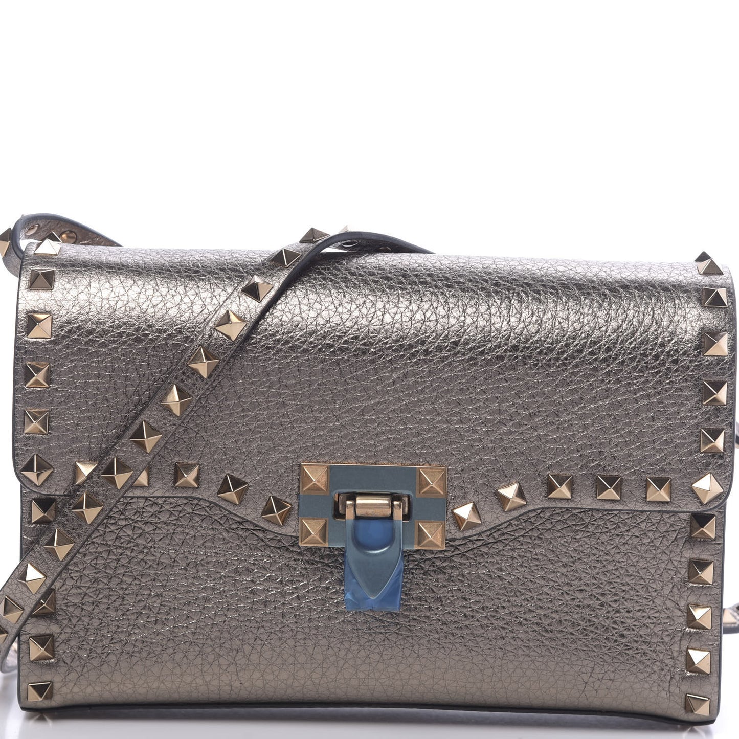 Metallic Pebbled Calfskin Medium Rockstud Flip Lock Crossbody Bag Sasso
