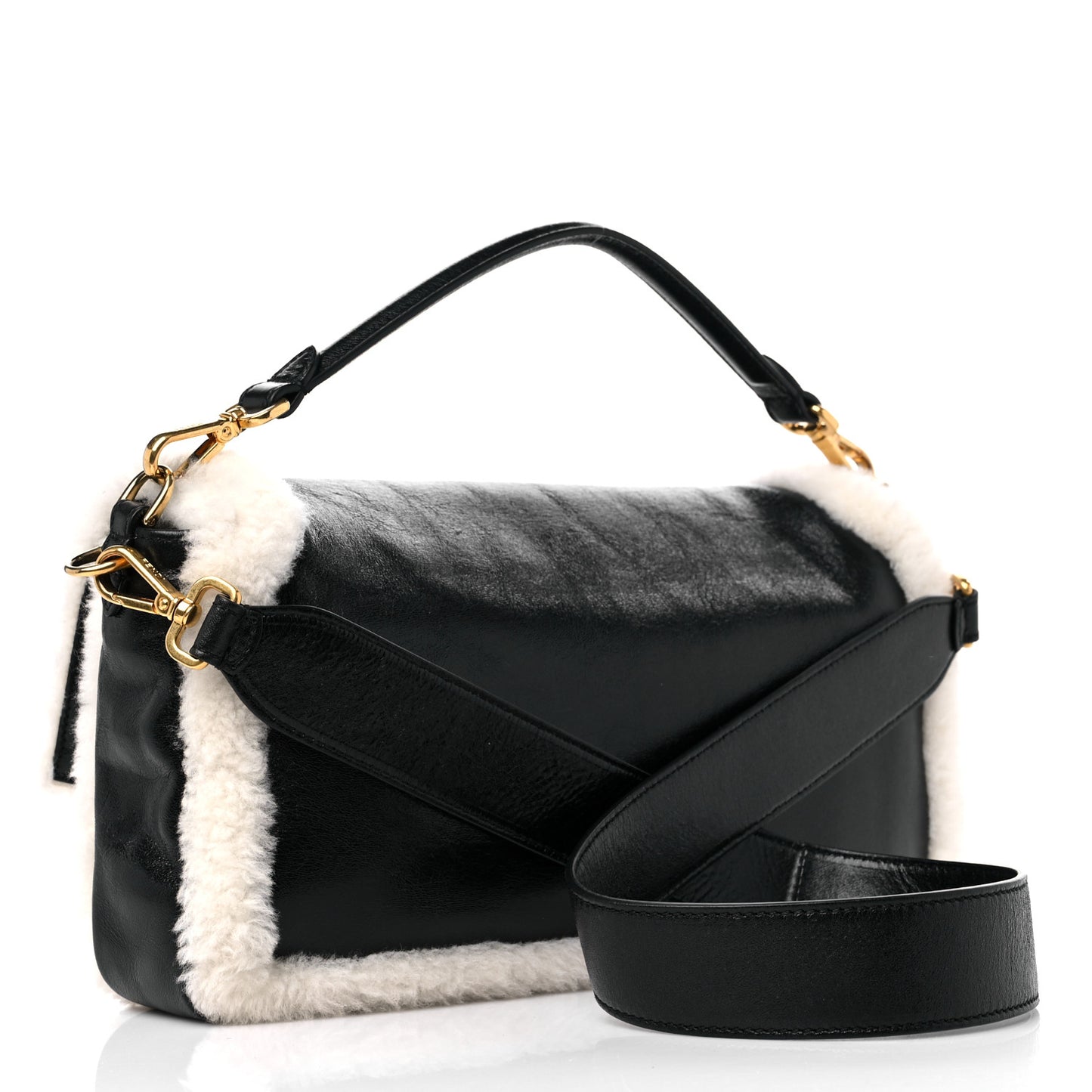 Lambskin Sheepskin Fur Large Baguette Black