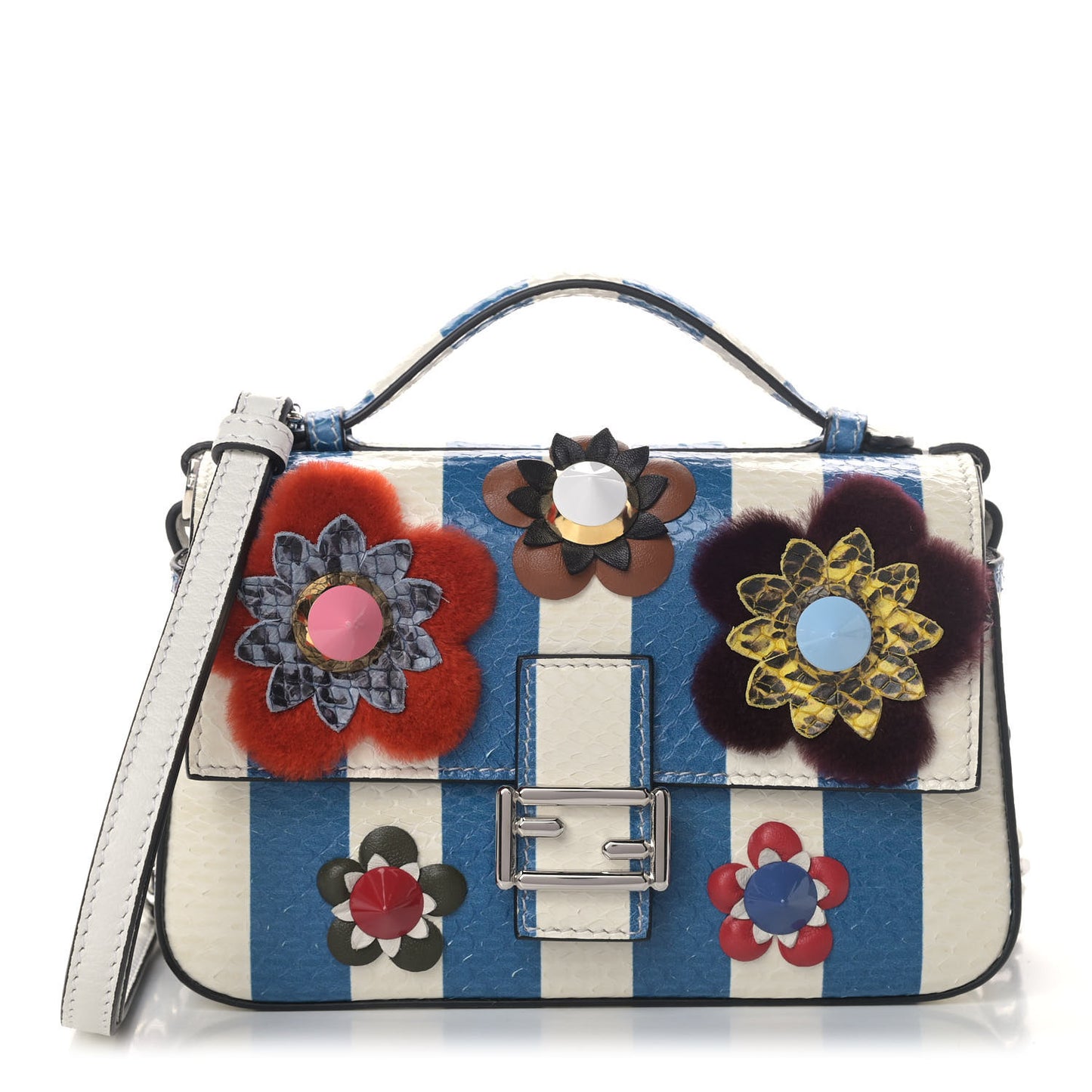 Ayers Vitello Flowerland Elaphe Embossed Striped Studded Micro Double Baguette Curacoa Nocciola Multicolor