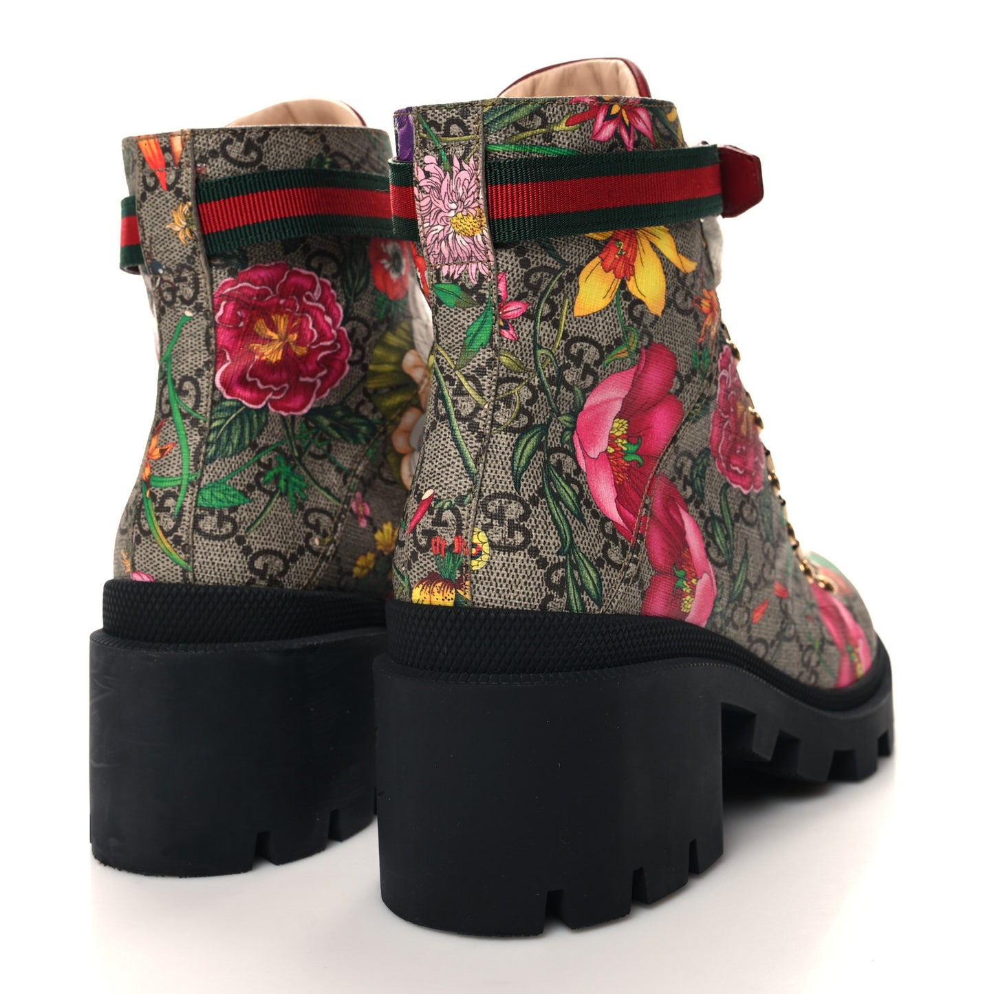 GG Supreme Monogram Flora Lace Up Combat Ankle Boots 39 Beige Multicolor Red