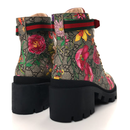 Gucci GG Supreme Monogram Flora Lace Up Combat Ankle Boots 39 Beige Multicolor Red 4 of 8