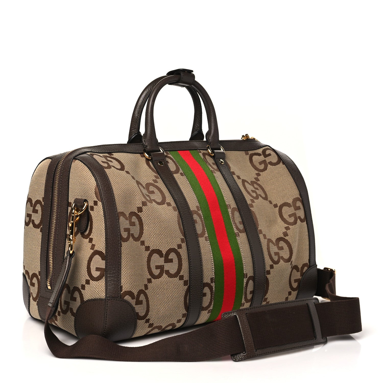 Gucci Monogram Jumbo GG Textured Dollar Calfskin Web Large Duffle Bag Camel Ebony 2 of 10