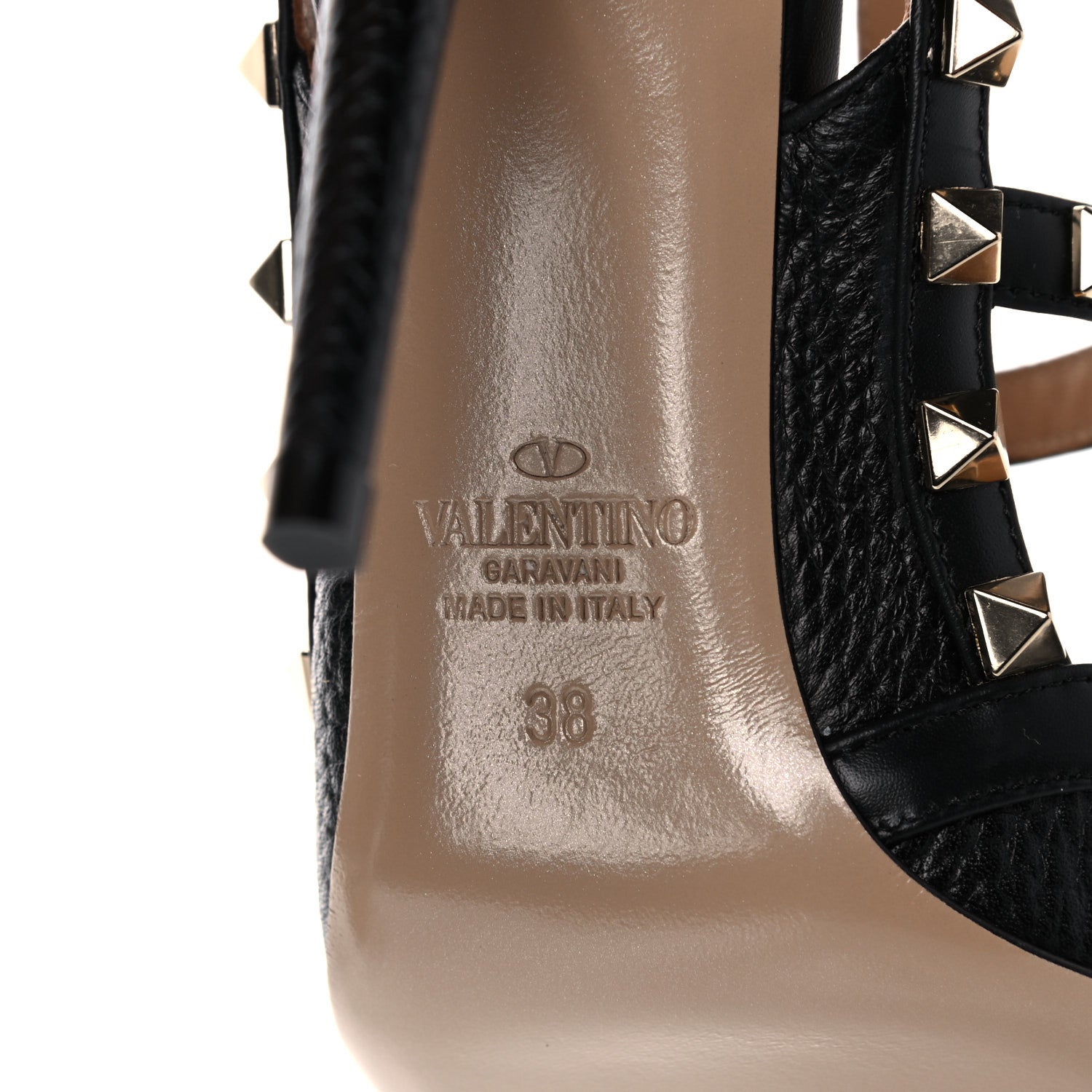 Valentino Garavani Pebbled Calfskin Rockstud Ankle Strap Pumps 38 Black 6 of 14