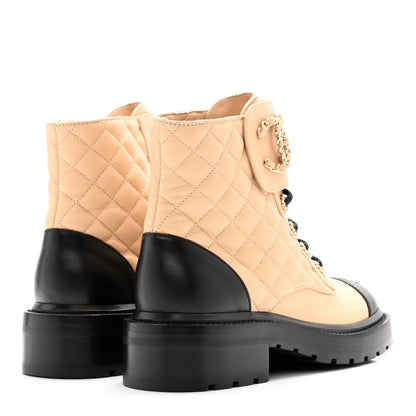 Chanel Lambskin Calfskin Quilted Lace Up Combat Boots 36 Beige Black 4 of 11