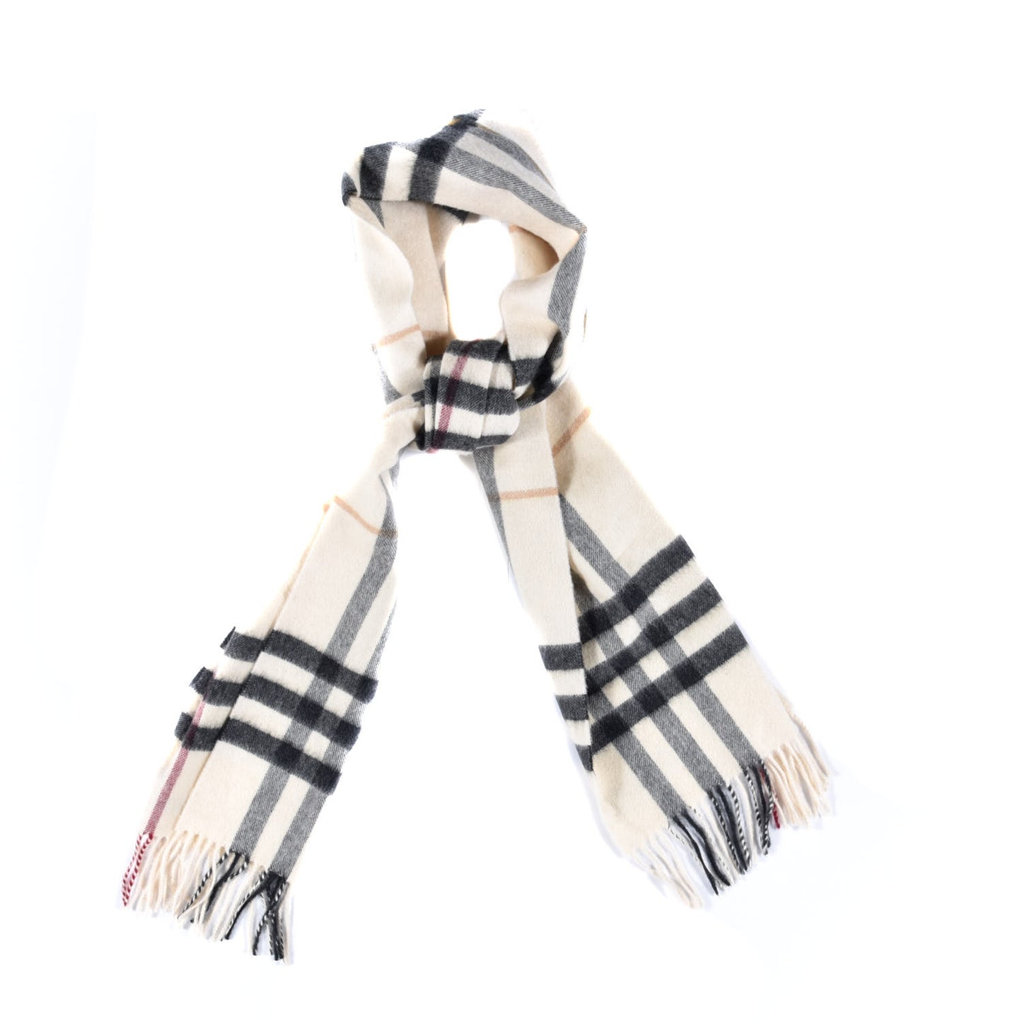 Cashmere Giant Check Fringe Scarf Ivory