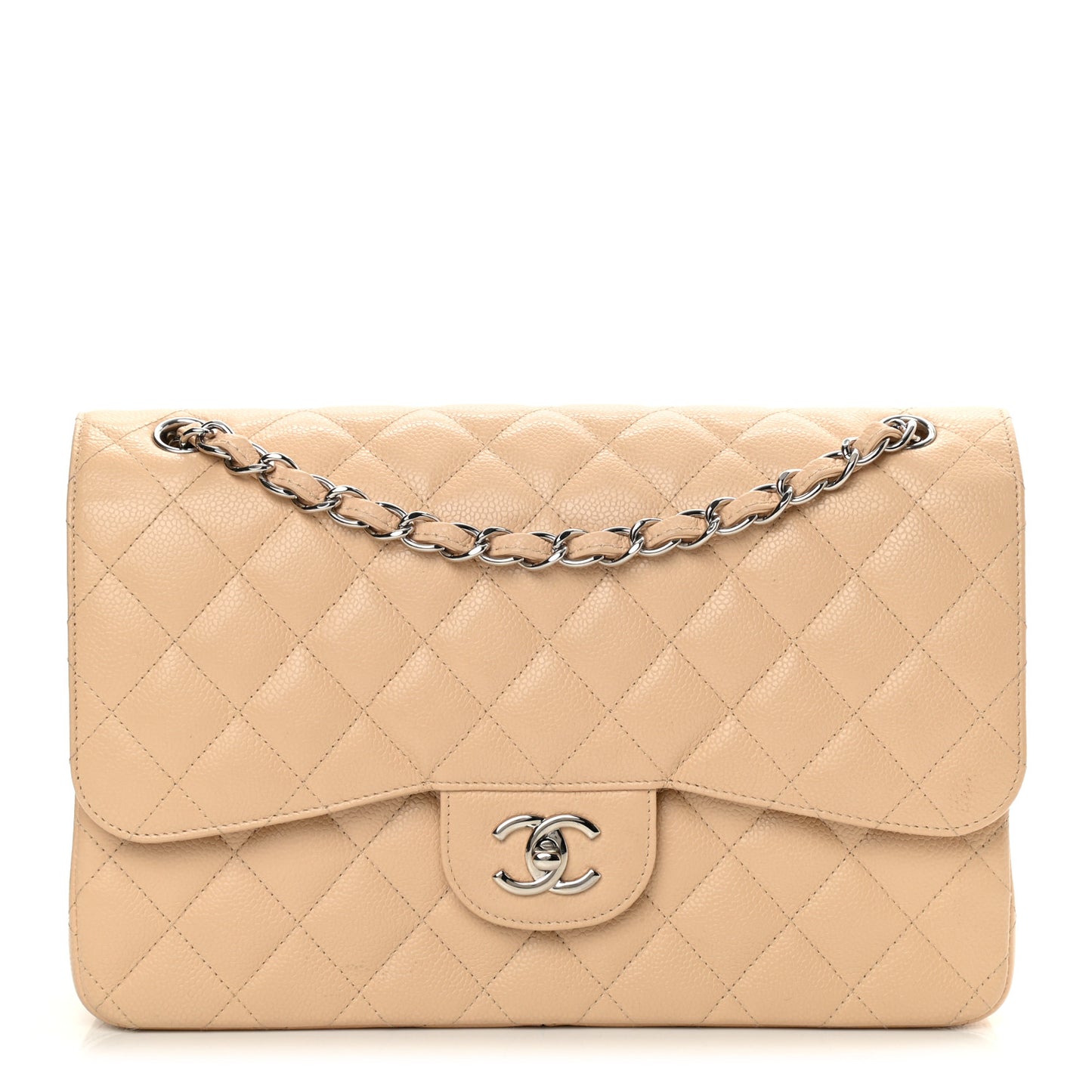 Caviar Quilted Jumbo Double Flap Beige