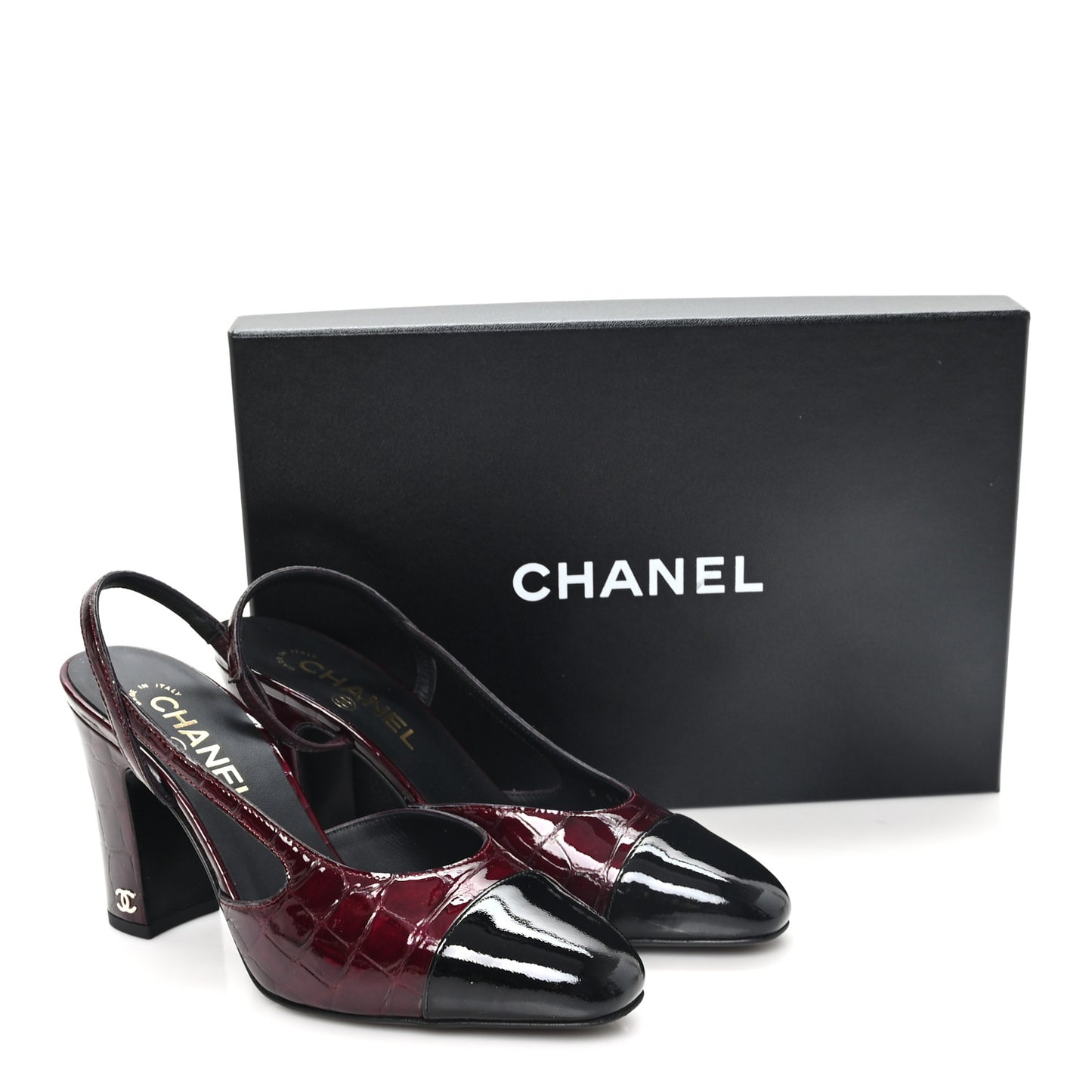 Crocodile Embossed Patent Grosgrain Cap Toe CC Slingback Pumps 37.5 Dark Burgundy Black