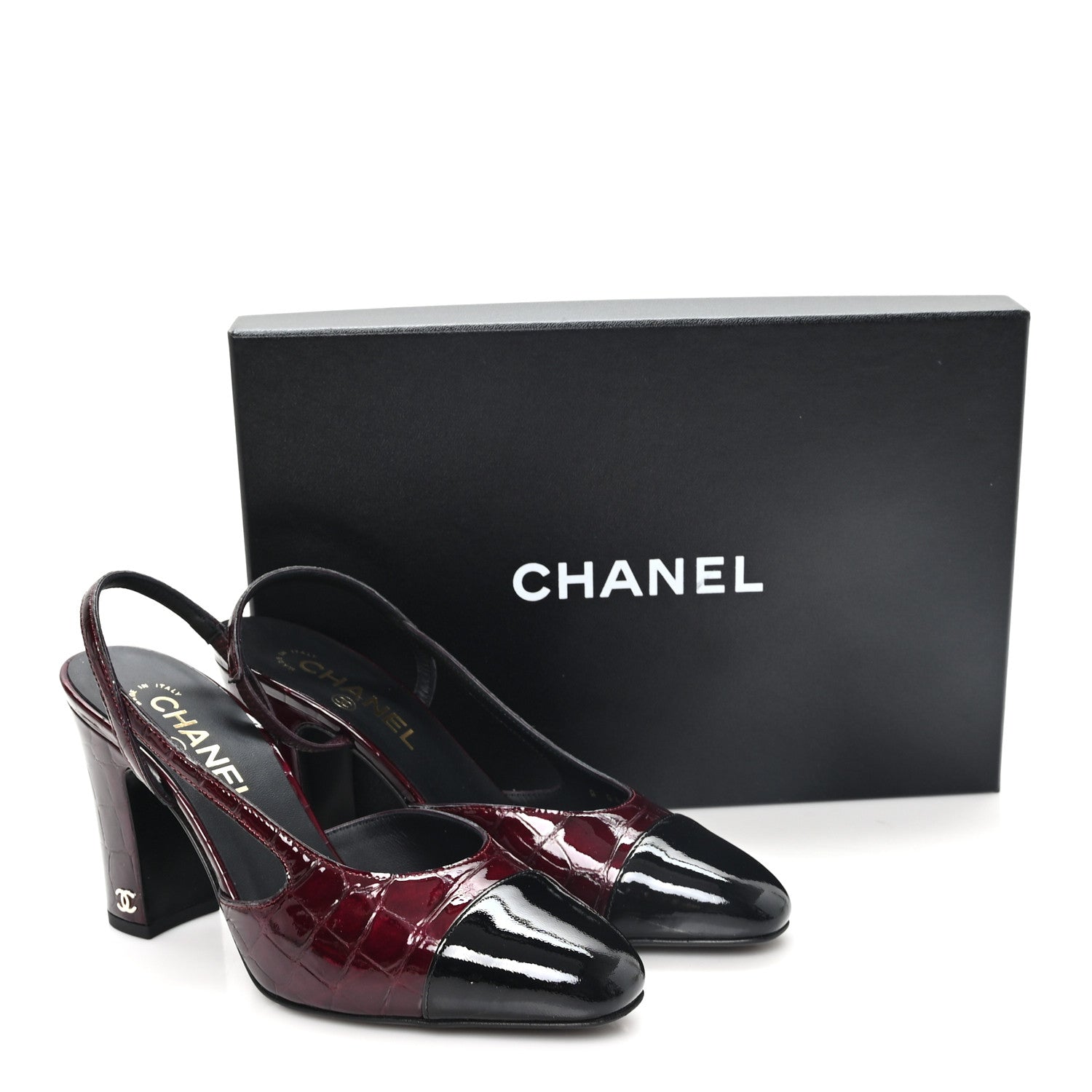 Chanel Crocodile Embossed Patent Grosgrain Cap Toe CC Slingback Pumps 37.5 Dark Burgundy Black 10 of 10