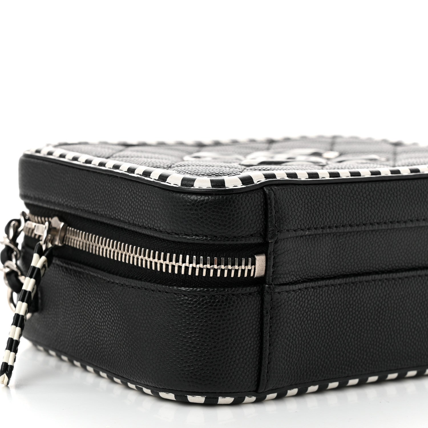 Chanel Caviar Quilted Striped Small CC Filigree Vanity Case Black White 9 of 10