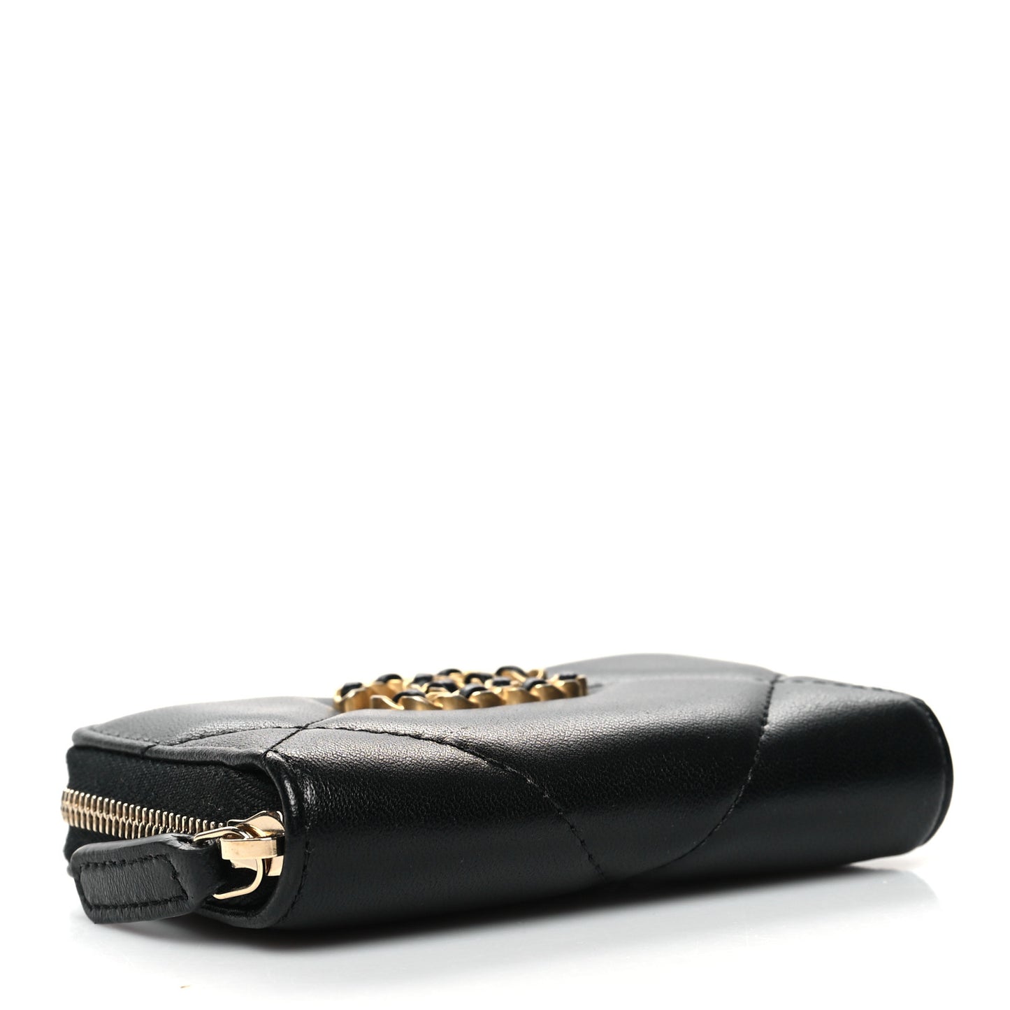 Lambskin Quilted Chanel 19 Zip Around Coin Purse Wallet Black